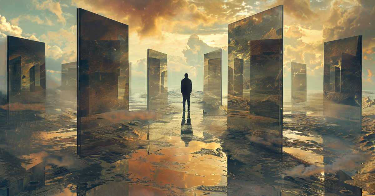 A silhouette of a man surrounded by mirrors